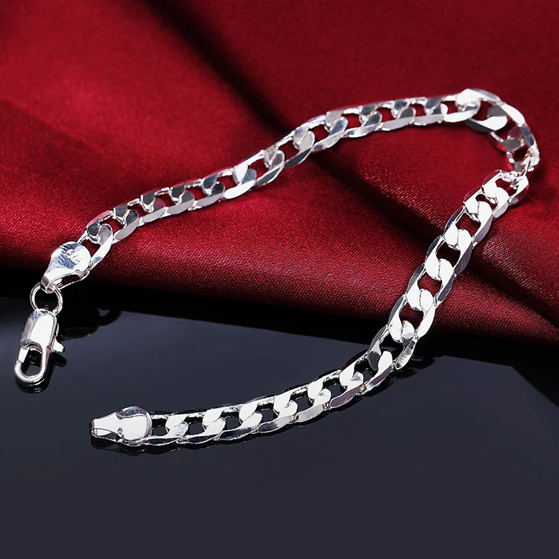 925 Silver Bracelets 8MM 10MM Flat Link Chain Women Men Wedding Fashion Jewelry | Украшения и аксессуары