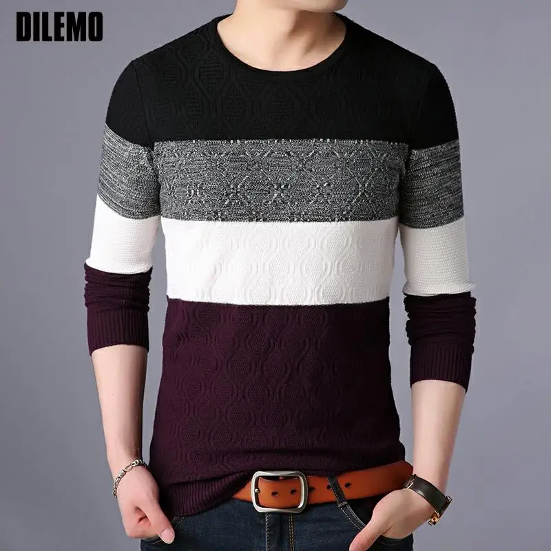 

New Fashion Brand Korean Knitted Jumper Men Pullover Striped Sweater Autum Trendy O Neck High Quality Casual Men Clothes
