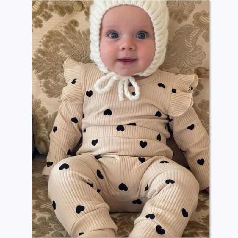 

3pcs Newborn Baby Girls Clothes Heart Print Solid Ruffle Ribbed Romper +Pants +Headband Infant Outfits Winter Girl Clothing Sets