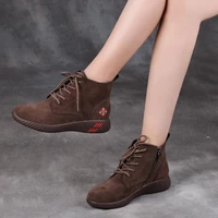 autumn winter genuine leather flat ankle boots spring flat shoes woman short brown boots women lace up boots