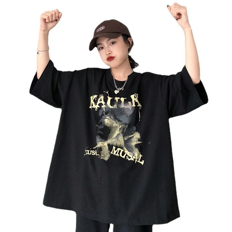 

Japanese Letter Character Print Short-Sleeved Graphic Tees Top Women Casual Fashion Oversized Harajuku Grunge T-Shirt Summer2021