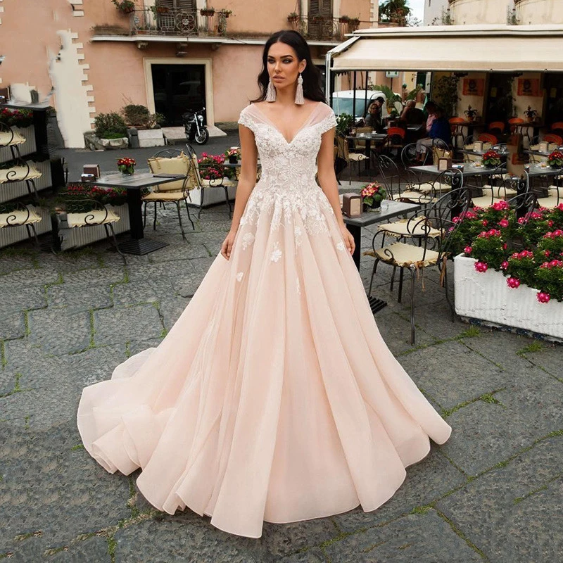 

MNGRL Simple Retro V-neck Sleeveless 3D Flower Lace Wedding Dress Plus Size Tail Wedding Gown Fluffy Skirt Bridal Dresses