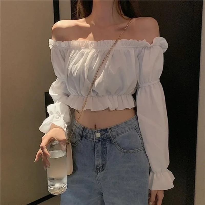 

Spring New Blouse One-word Shoulder Chiffon Solid Cotton Tops Female Elegant Casual Tops for Women Slim White Black Shirt 14315