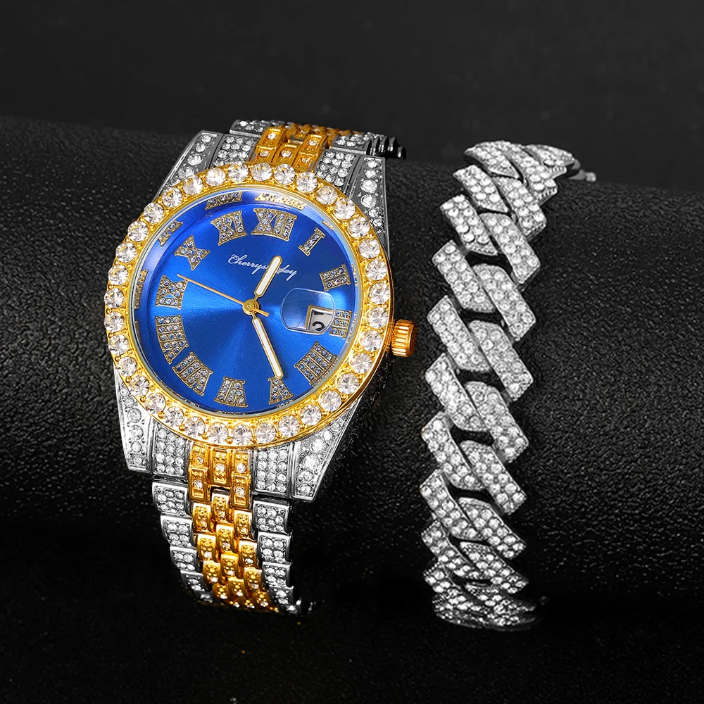 Iced Out Watch Men Luxury Brand Full Diamond Mens Watches AAA CZ Quartz Men's Watch Hip Hop Male Bracelet Cuban Chain Watch