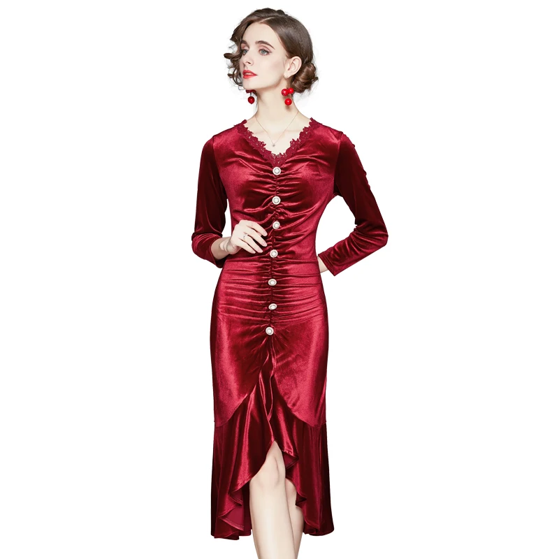 

COIGARSAM Ruffles Women dress New Single Breasted Dresses Red 3975