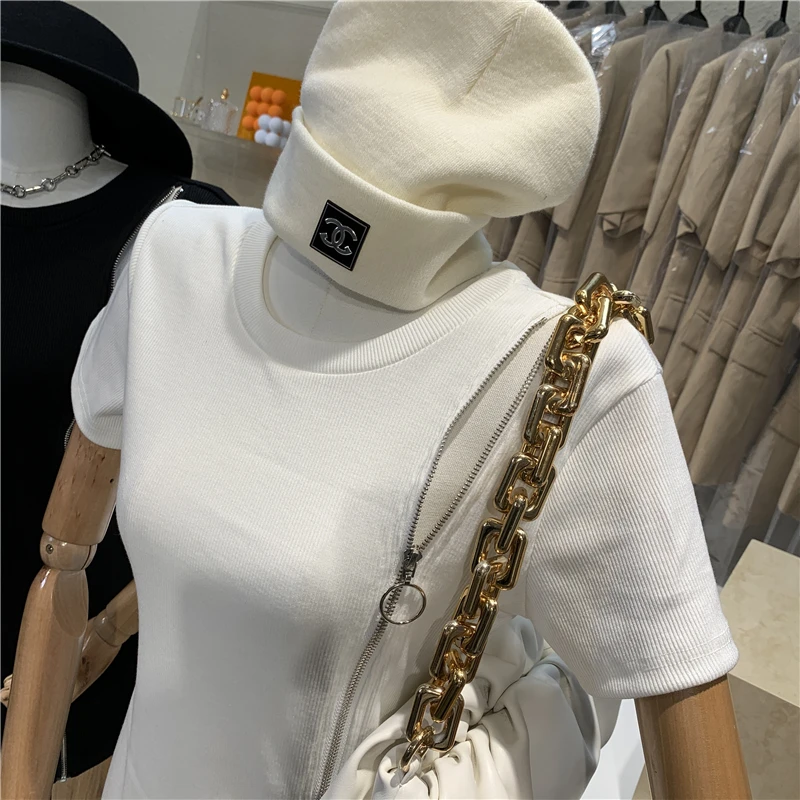 

Niche Design 2021 Slant Zipper Round Collar Buttock Skirt Slim Short Sleeve Dress