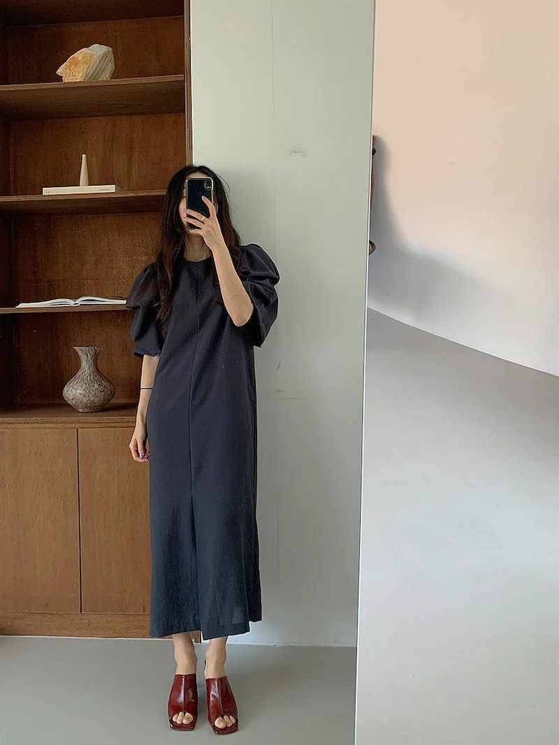 

Dresses Women Summer Chic Korean Lace Up Loose Blue O Neck Puff Sleeve Split Dress Short Sleeve Vestido De Mujer Casual Retro