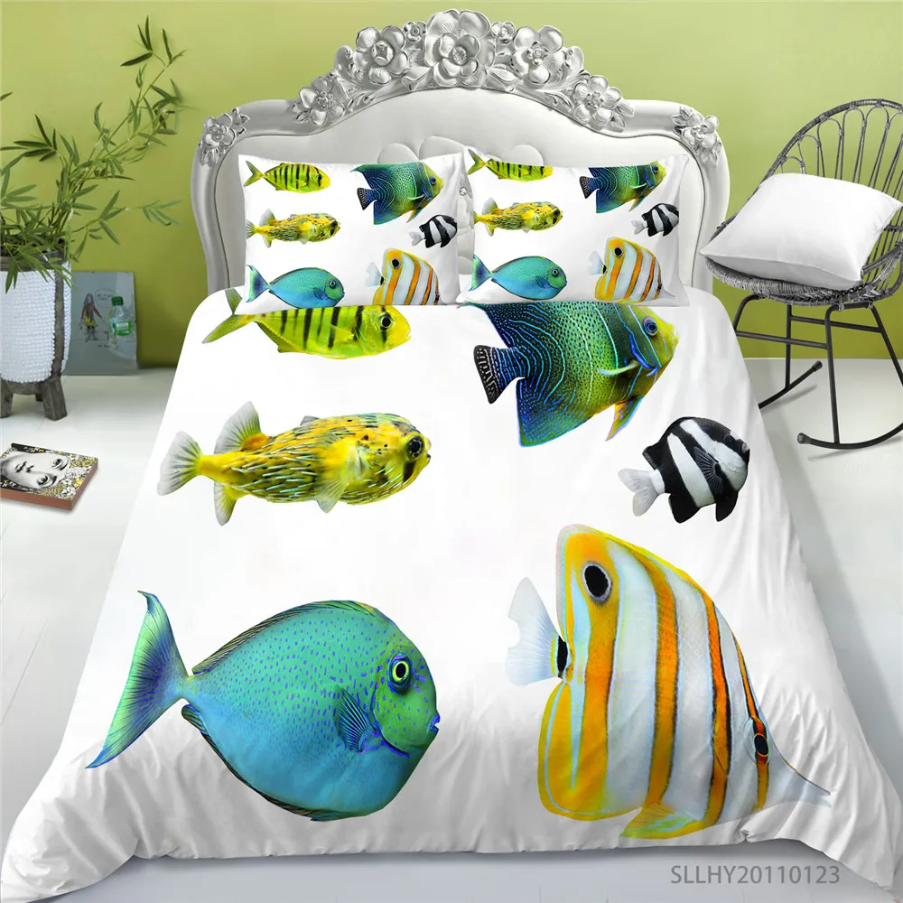 

3D Bedding Set King Size Duvet Cover Set Colourful Fish Printing Fashionable 2/3 Pcs Kids Child Teen Adult Gift