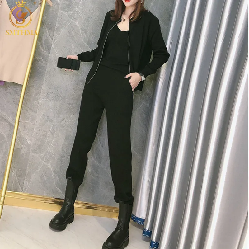 

SMTHMA 2021 New Autumn And Winter Knitting Sports Leisure Zipper Cardigan + Suspenders + Elastic Waist Three-Piece Pants Suit