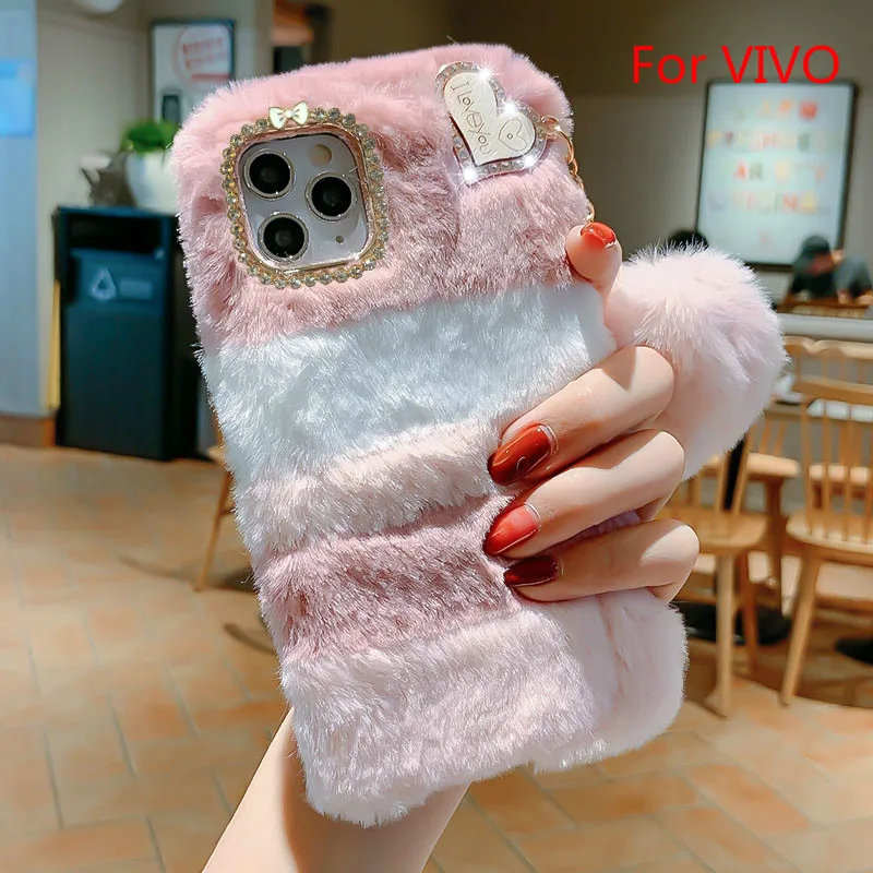

For VIVO V21 V20SE V19 V17 Pro X50 Pro V15 V11I S1 Y20 Y19 Y17 Y11 Y50 Y30 Luxury Diamond Pendant Fur Plush TPU Phone Case Coque