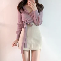 purple fashion lace up slim ribbing women sweater korean style cross v neck bandage knit jumper top spring 2021 new arrival