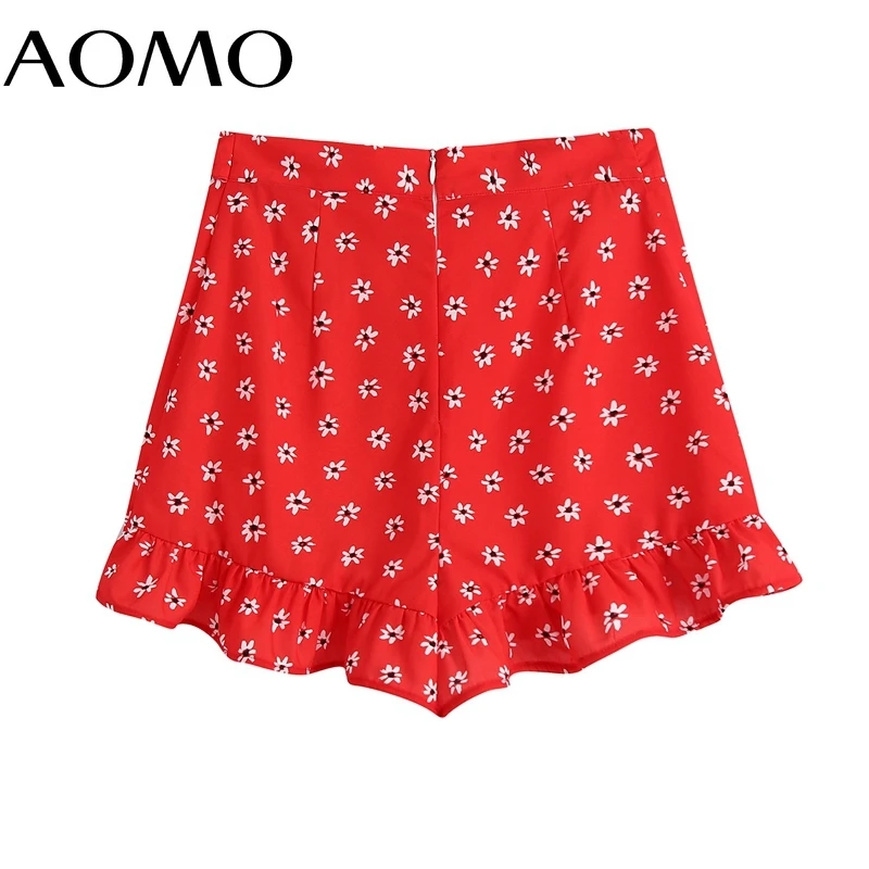 

AOMO Women 2021 Fashion Red Floral Print Ruffled Shorts Skirts Vintage High Waist Back Zipper Female Skirts Mujer BE935A
