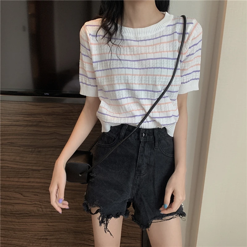 

Striped Pullover Hollow Out Sweater Summer Slim Female Pull Sweet Wind Short-Sleeved Preppy Style Knitwear O-Neck Tops Ins Tide