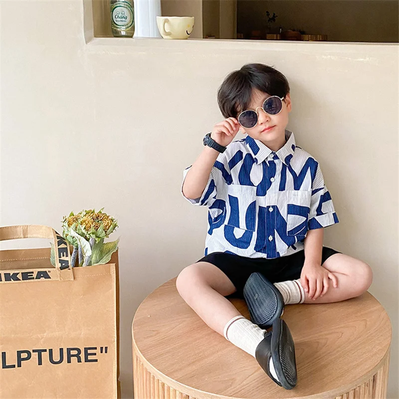 

2021 Summer New Baby Boys Big Letter Short Sleeve Shirts 1-7 Years Kids Turn-down Loose Tops