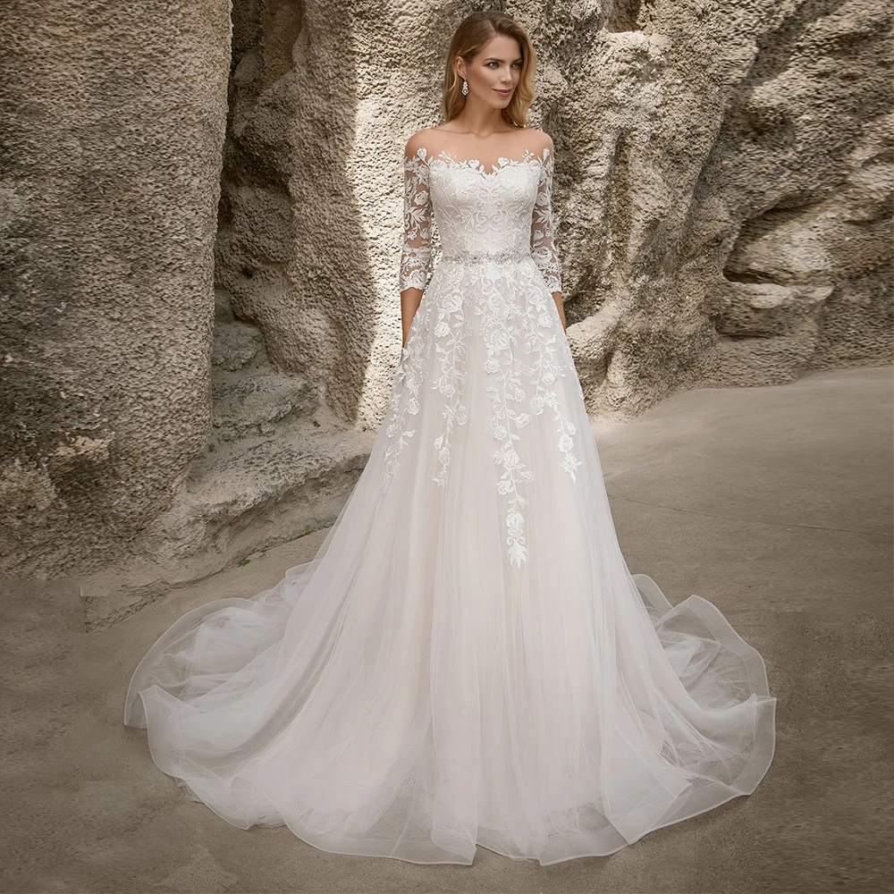 

Vintage White Ivory Lace Wedding Dress A Line 3/4 Long Sleeves Illusion Bridal Gowns Sweep Train Marriage Party Dresses