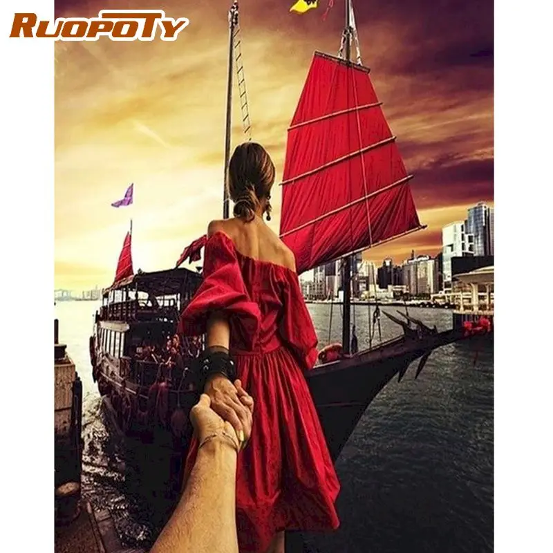 

RUOPOTY Painting By Numbers 40x50cm Frame Ship Red Dress Woman Figure Paint By Number Home Decor Wall Art Picture Unique Gifts