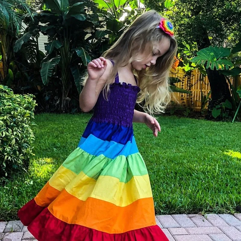 

Pretty Girls Dress Summer Children Clothing Baby Girl Rainbow Sling Dresses Color Matching Kids Cotton Party Princess Dress