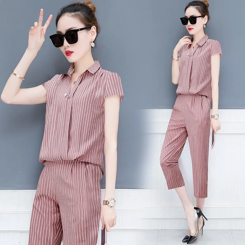 

2 Pieces/1 Set of Two-piece Women's Summer Short-sleeved Striped Lapel Shirt and Solid Color Casual Cropped Trousers