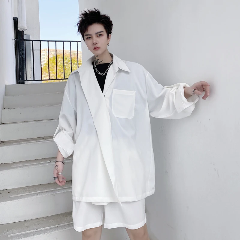Men's Long-Sleeve Shirt Suit Spring And Autumn New Korean Version Of Japanese Retro Casual Large Size Shirt And Shorts Suit