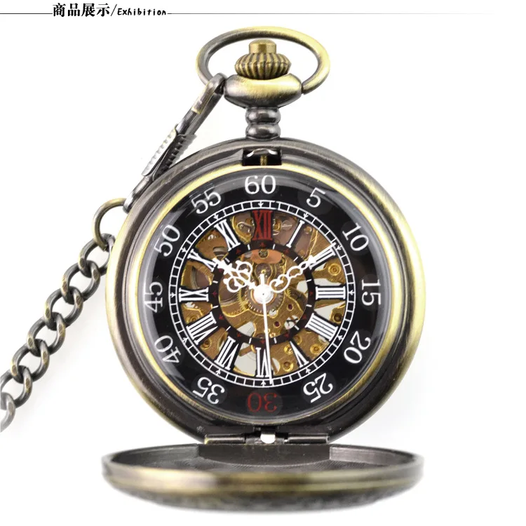 Bronze Transparent Roman Display Steampunk Mechanical Pocket Watch Vintage Gentleman Necklace Pendant Fashion Accessories Clock