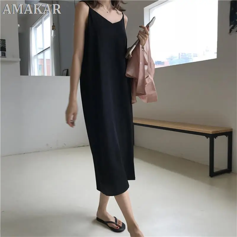 

Sexy Women Maxi Dress Loose Sleeveless Dresses V-neck Sling Long Black Party Dress