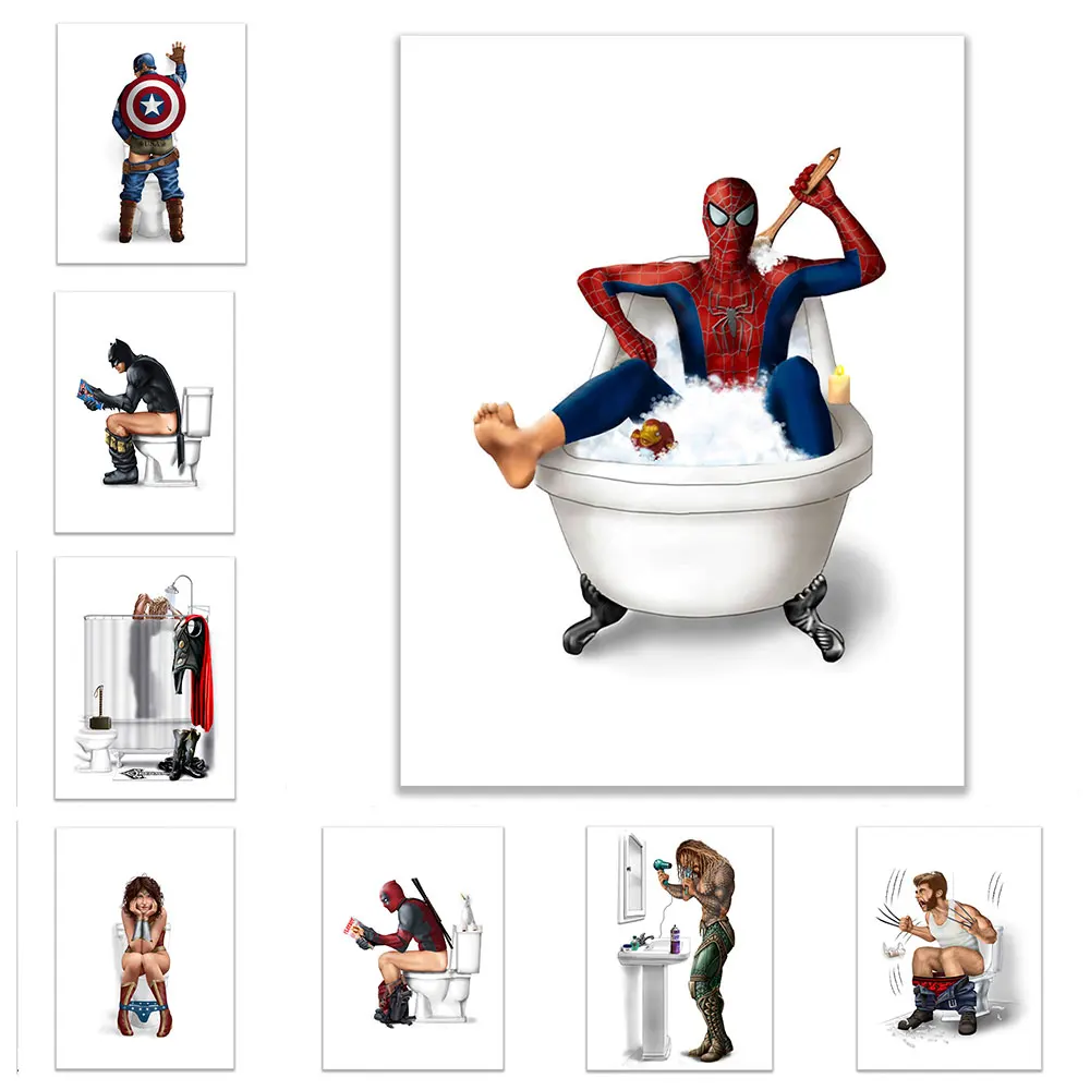 

Funny Marvel Superhero Printing Canvas Poster For Shower Room Decor Cartoon Illustration Picture Wall Art Bathroom Decoration