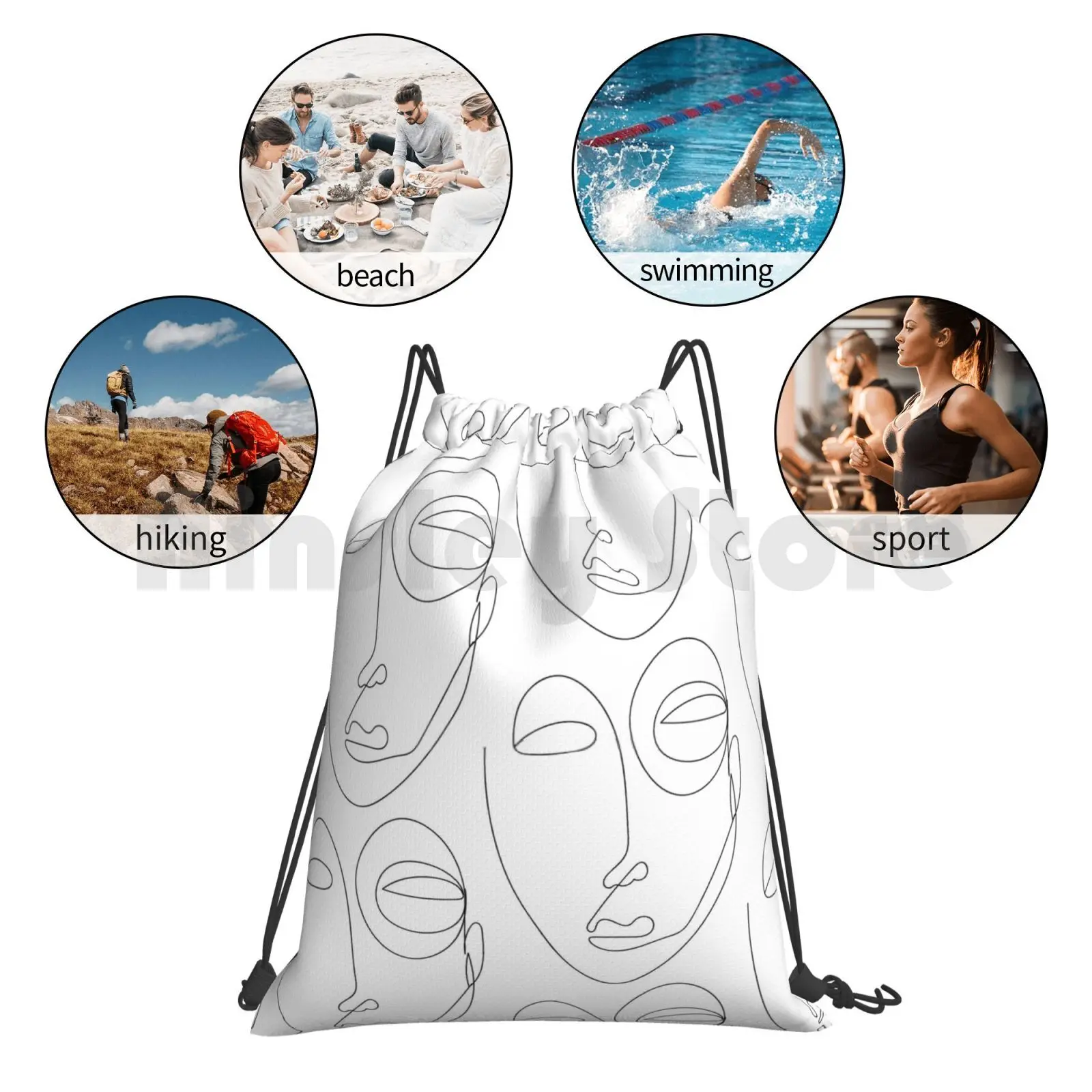 

One Line Art | Minimalism Backpack Drawstring Bag Riding Climbing Gym Bag One Line Modern Strange Face Portrait People Weird