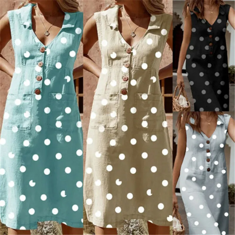

Women Sleeveless Summer Dress Female Boho Polka Dot Printed Beach Dresses 2019 Elegant Woman Casual Loose Mini Short Beach Dress