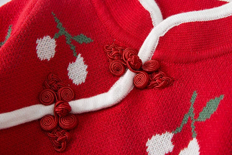 Autumn Winter Cherry Knit Girl Dress New Year Clothes Long Sweater Chinese Style Cotton Children Cheongsam Dress 2-6 Years