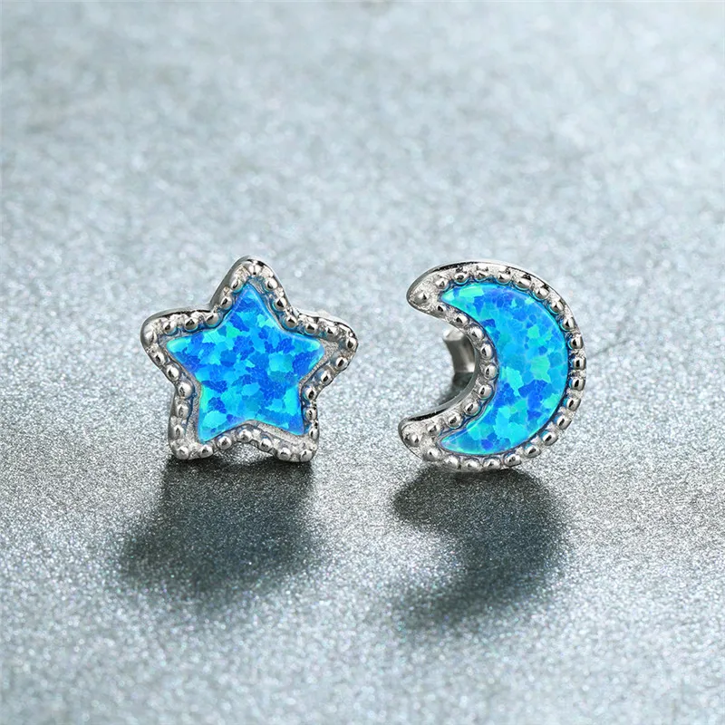 

Blue Fire Opal Gemstone Star and Moon Stud Earrings For Women 925 Sterling Silver Engagement Earrings Female Birthstone Jewelry