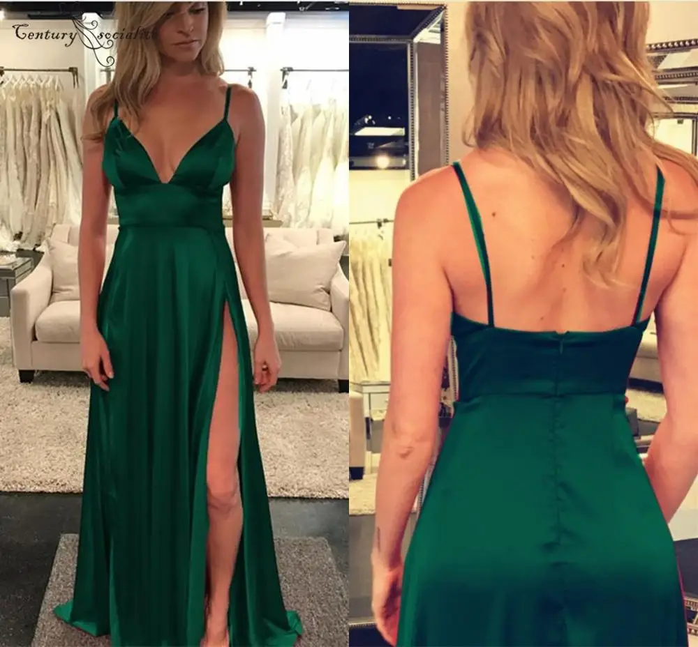 

Green Sexy Prom Dress Long Side Split Open Back Spaghetti Straps Silk Satin Evening Party Wear Party Gowns Cheap