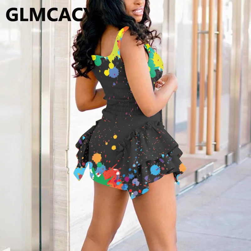 

Sexy Abstract Painting Printed Two Piece Suits Crop Top & Mini Skirt Set Outfits Matching Sets