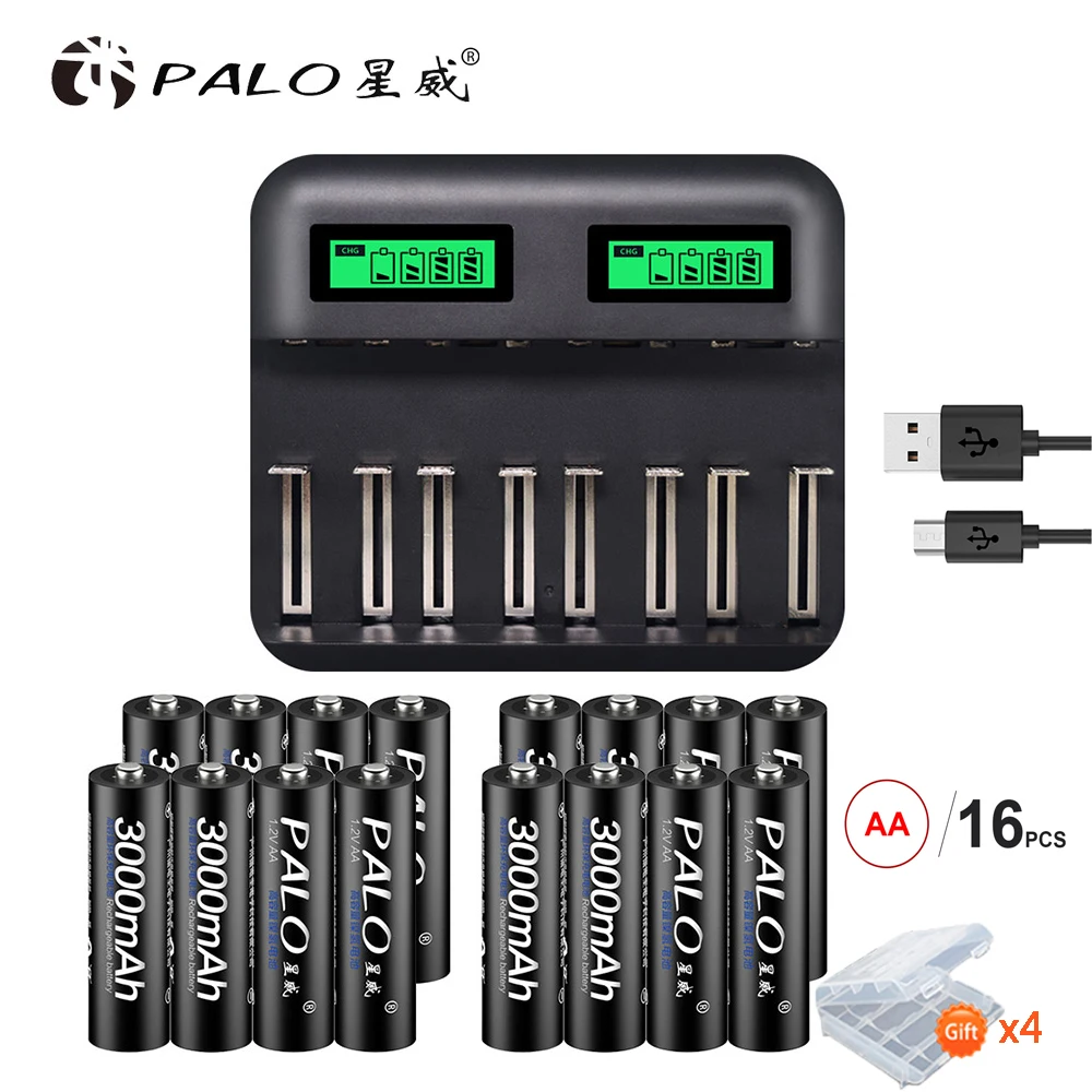 Зарядное устройство Palo AA AAA C D USB ЖК-дисплей быстрая зарядка 16 шт. 1 2 В Ni-MH