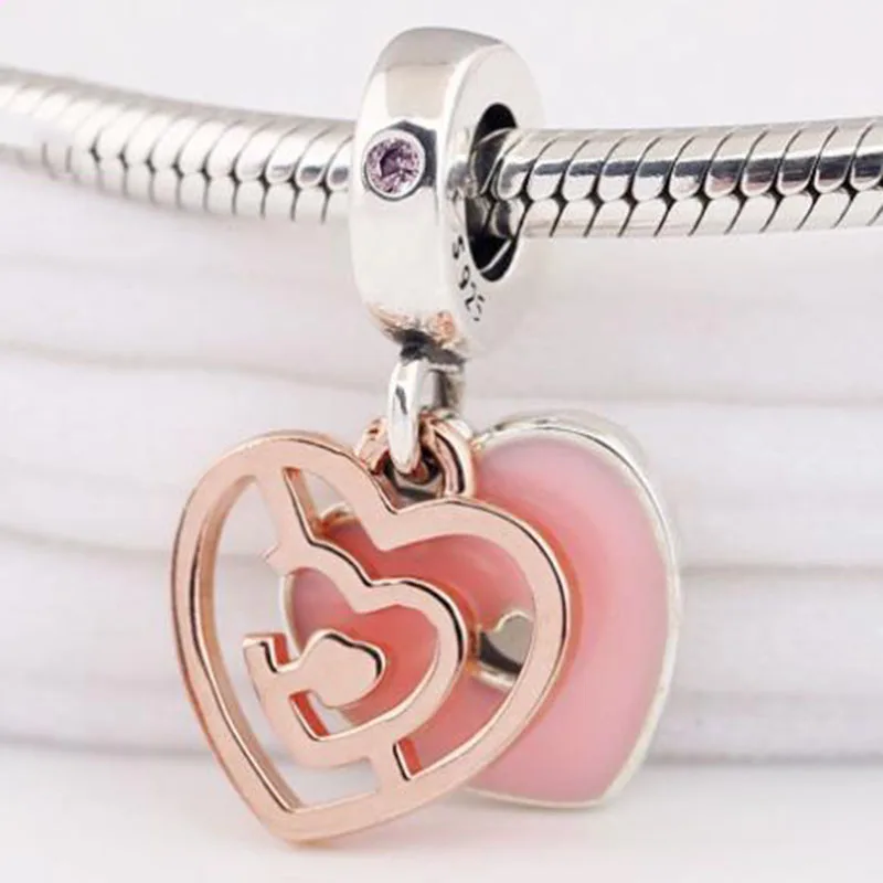 

925 Sterling Silver Creative Valentine's Day Love In The Heart Pink Love Pendant Fit Pandora Women Bracelet Diy Jewelry