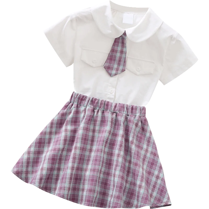 

Preppy Style Girls Clothing Sets for Kids Summer Baby Girls Clothes Short Sleeve Tops & Plaid Skirts 2Pcs Student Suits 2021
