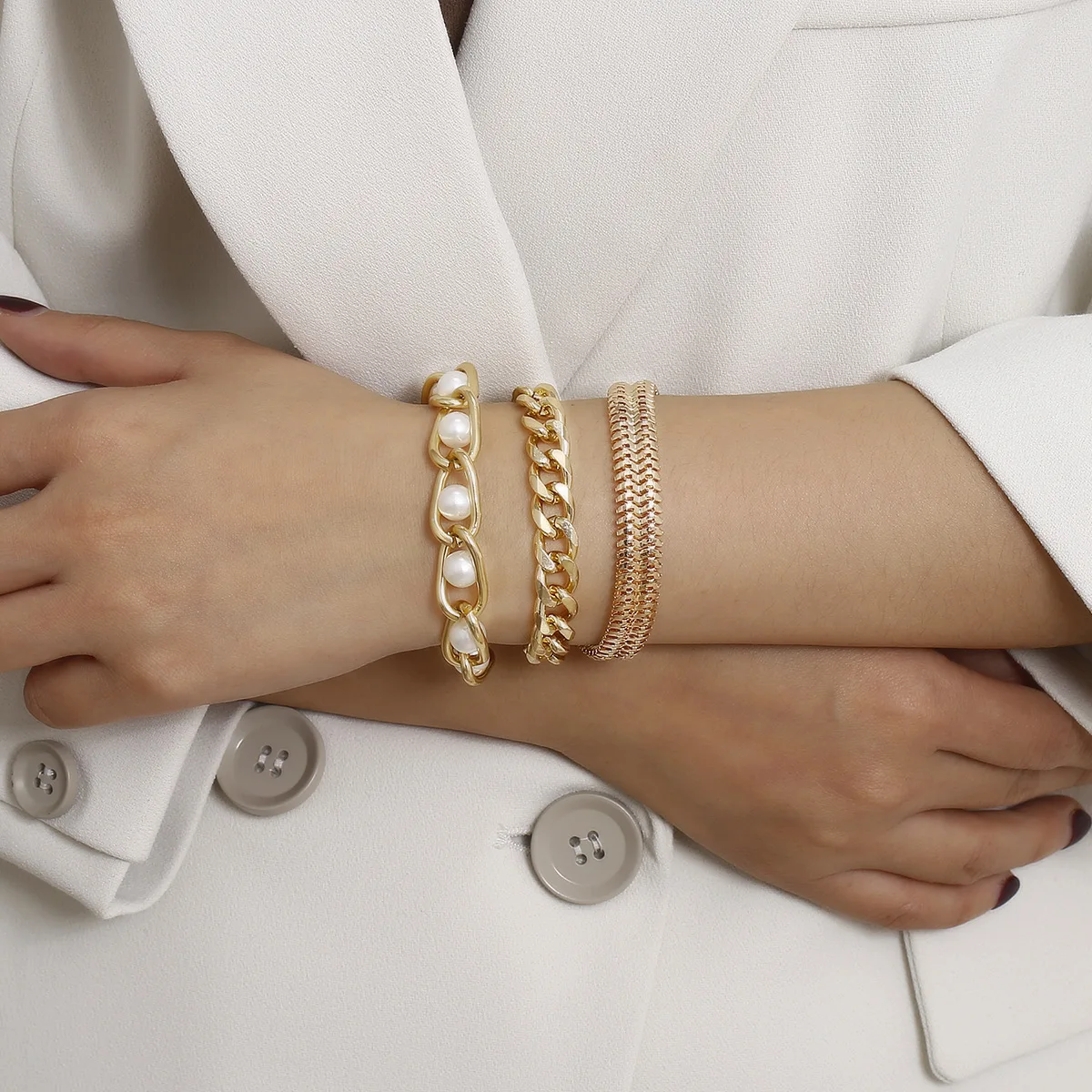 

Vintage Hip Hop Imitation Pearls Chain Bracelet Sets For Women Fashion Multilayer Gold Color Charm Bracelets Bangles Jewerly