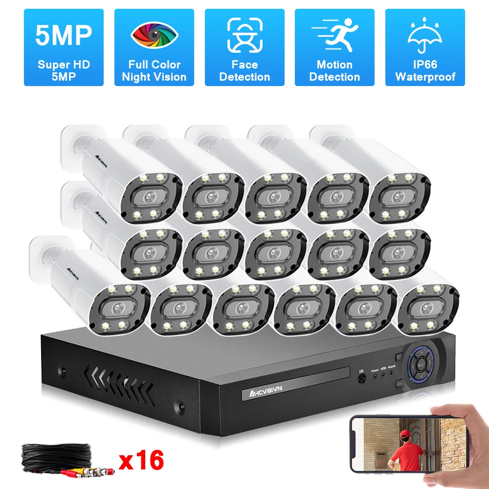 

H.265 16CH CCTV DVR Security Camera System Kit 5MP 8/16PCS Outdoor AI Face Detection AHD Video Surveillance Camera Kit