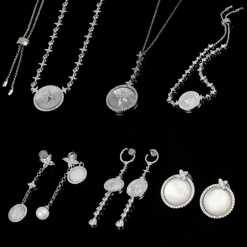 

Monaco jewelry set white round shell earrings necklace 925 sterling silver adjustable bracelet high quality gift for girlfriend