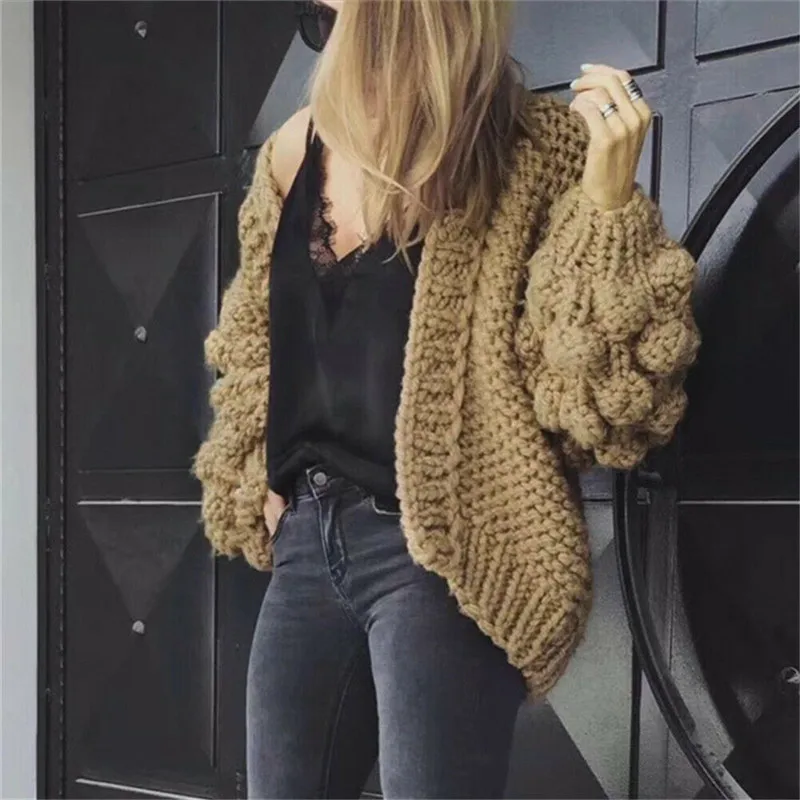 

Women's Long Lantern Sleeves Coats New Knitted Thicken Sweater Fashion Female Cardigan Knitwear Ladies Outwear Coat Loose Jacket