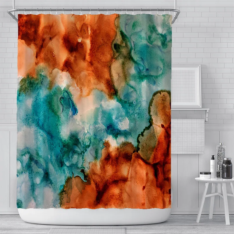 

Cyan and Orange Pringting Shower Curtain Set with 12 Hooks Bathroom Decoration
