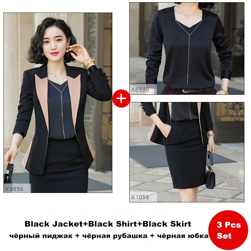black 3 pcs skirt Женские брюки, костюм, комплект, осень, новая мода, длинный рукав, Лоскутная куртка, длинные брюки, для работы, для женщин, офисный костюм, ow0524 - Цвет: black 3 pcs skirt