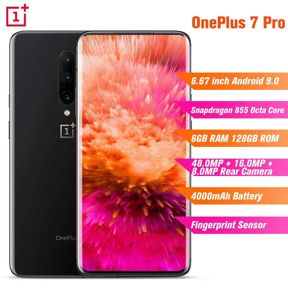 Смартфон OnePlus 7 Pro, 4G, 6,67 дюймов, Android 9,0, Восьмиядерный процессор Snapdragon 855, 2,84 ГГц, 6 ГБ ОЗУ, 128 Гб ПЗУ, 4000 МП, мАч, мобильные телефоны