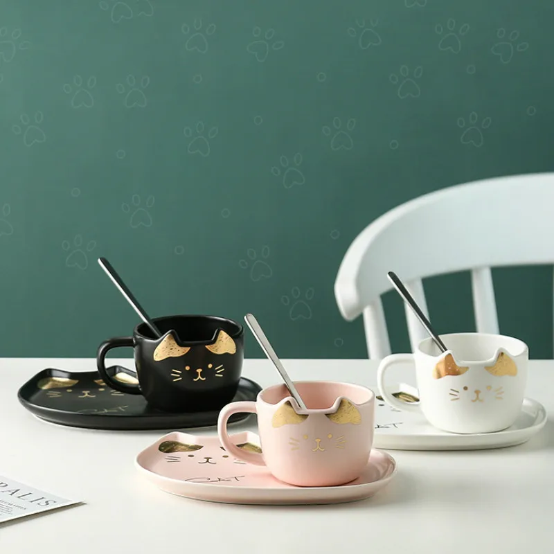 Ceramic Coffee Cup Set Cartoon Cat Tea with Saucer Spoon Breakfast Milk Mug Bread Dessert Dish Porcelain Pet | Дом и сад