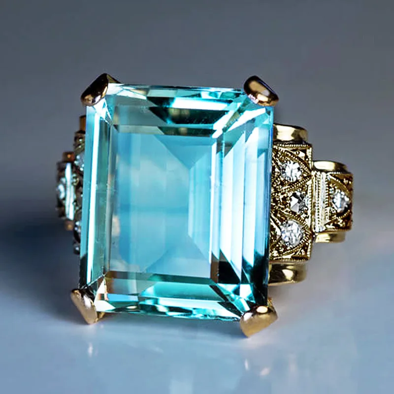 

Trendy Female Aqua Blue Crystal Stone Ring Charm Gold Color Wedding Rings For Women Dainty Bride Square Zircon Engagement Ring