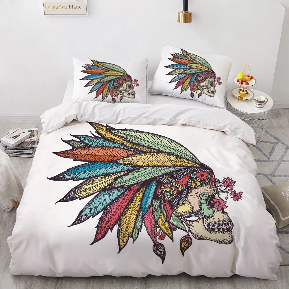 

Indian Chief Skull White Bedding Sets 3D Fashion Duvet Quilt Cover Set Comforter Bed Linen Pillowcase King Queen Full Double