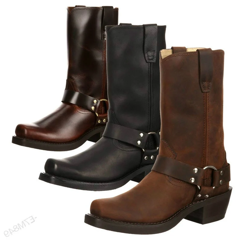 

Woman Knee High Boots Combat Vintage Leather Boots Rider Horse Boot Motorcycle Country Biker Boots Low-heel Bots Plus Size 38-46