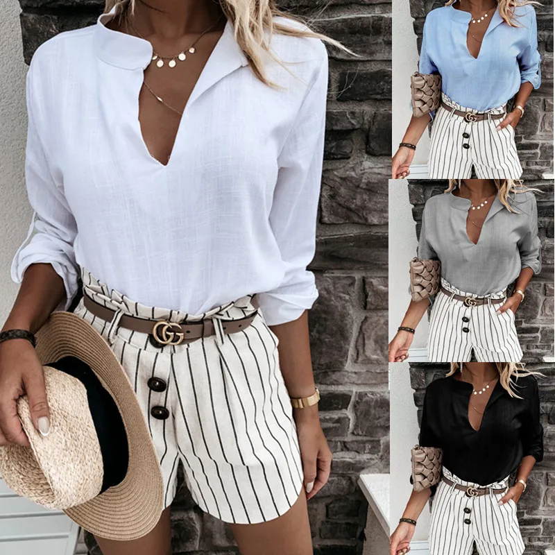 

Cotton Linen Women's Blouse Long Sleeve V-neck Loose White Blouses Female Autumn Fashion Office Elegant Casual Black Top Ladies