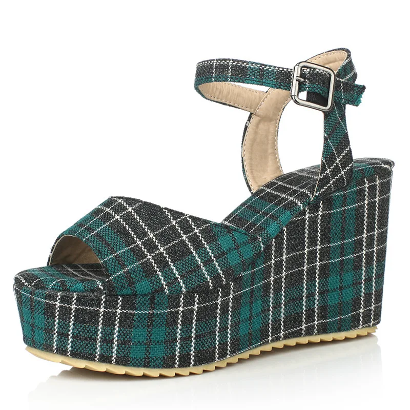 

Summer women's sandals Plaid slope heel large size women's shoes 40-43 size one-line