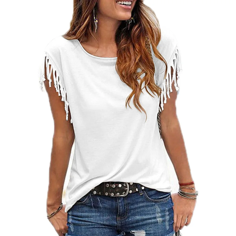 

Summer Short Sleeve Tassel Fashion T-shirt Woman Simple Crew Neck Basic Tops 2020 New Leisure Ladies Streetwear Solid Tees