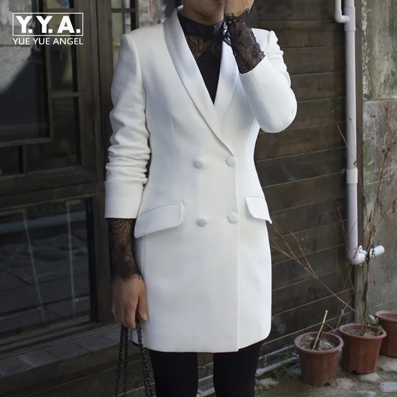 

Spring Autumn Women White Formal Long Jacket Satin Shawl Collar Double Breasted Office Ladies Work Blazer Slim Fit Coat